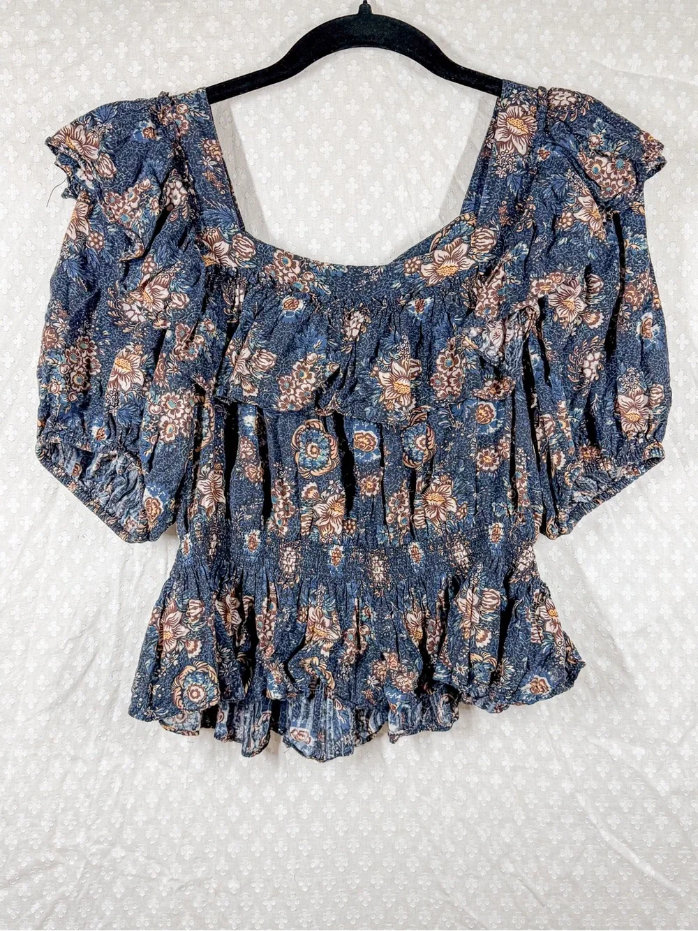 Ulla Johnson‎ Blue Brown Floral Tiered Puff Sleeve Top